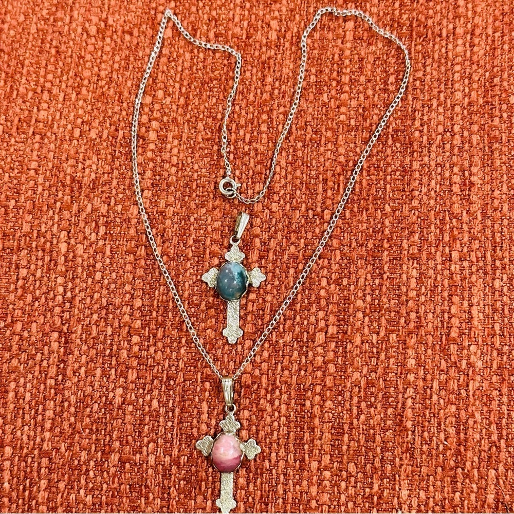 Vintage Pink and Green Stone Cross Charm with Silvertone Chain
